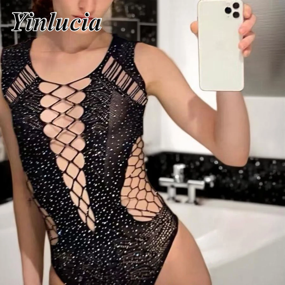 

Sexy Shinny Diamond Hollow Out Backless Jumpsuit Triangle Pants Perspective Knitted Bodysuit Slim Soft Elastic Hot Babes New