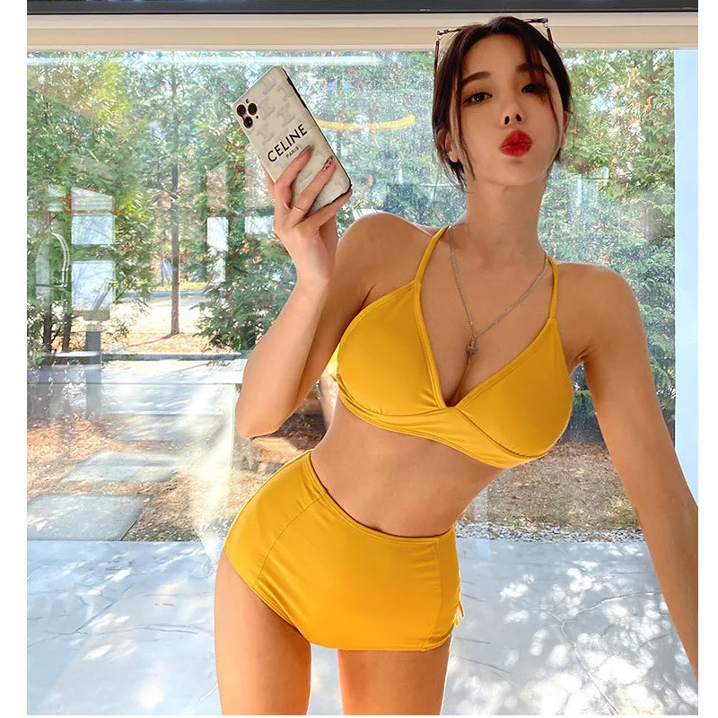 

2025swimsuit women, high waist triangular bikini golden yellow small chest European and American style hot spring swimsuit