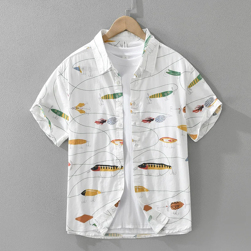 

8186 Cartoon Print Short Sleeve Shirt Men Casual Loose Fit Stylish Tops for Men 100% Cotton Hawaiian Shirt Zapatos Hombre Vestir