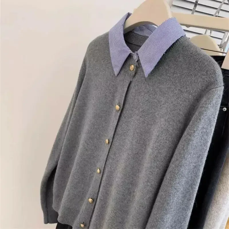 New Elegant Office Lady Autumn Cardigan Sweater Women Polo Collar Patchwork Long Sleeve Cashmere Jumper Solid Color Knitwear