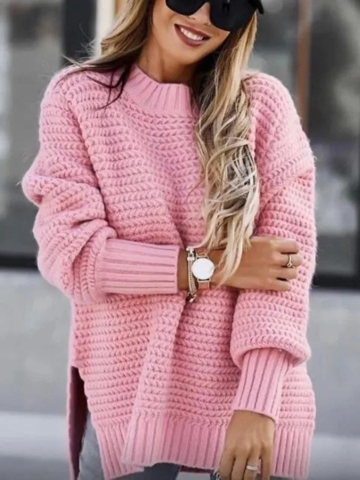 Suéter de punto de manga larga estilo casual, cuello redondo, ropa de calle cómoda, hoada, de una sola pieza, moda de prima...