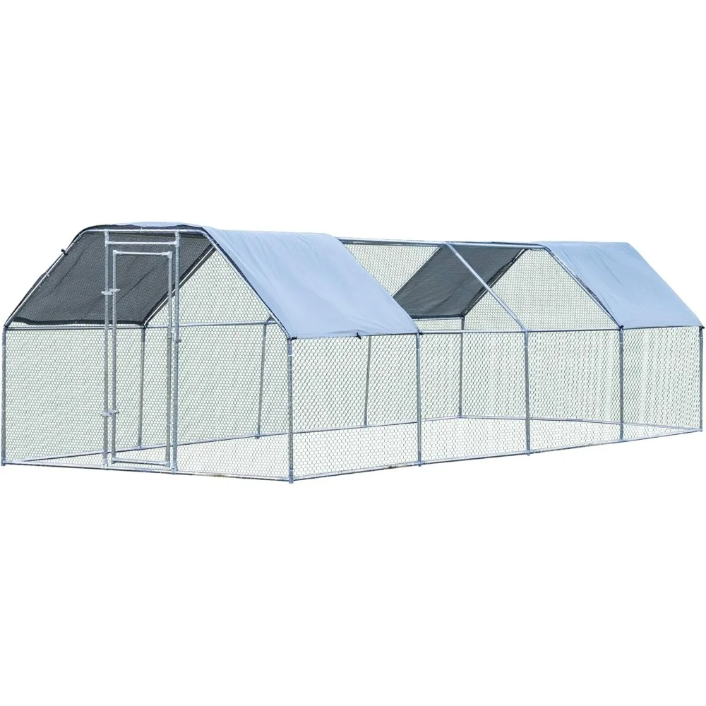 

Large Chicken Coop Metal Chicken Run with Waterproof and Anti-UV Cover, Flat Shaped Walk-in Fence Cage Hen House for Outdoor