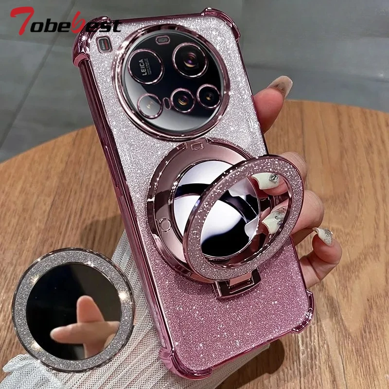 Shockproof Plating Silicone Case For Xiaomi 15 Ultra Pro Glitter Mirror Magnetic Holder Stand Soft Cover