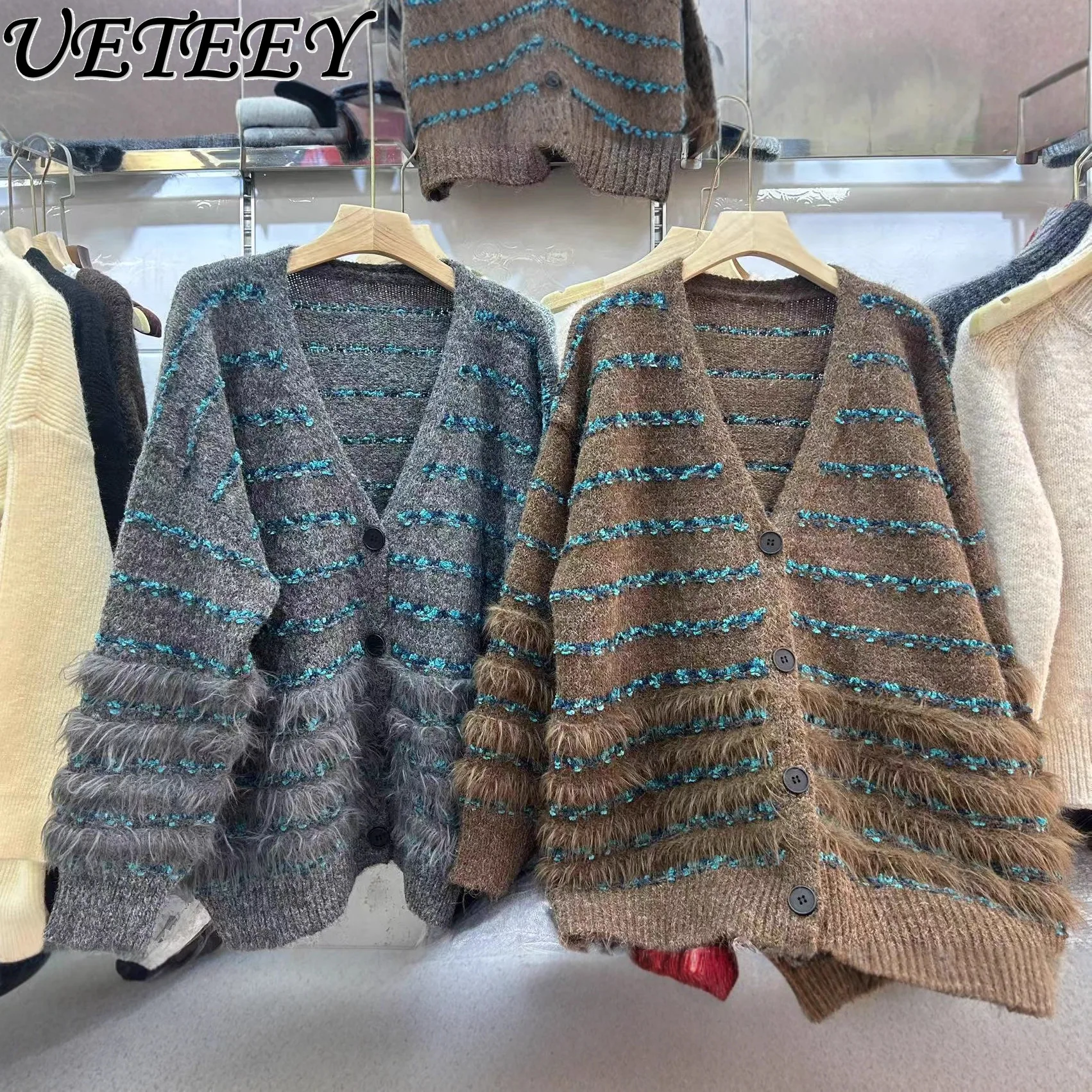 

Модный вязаный кардиган с v-образным вырезом из меха енота, осень-зима, новый высококачественный свободный элегантный свитер в корейском стиле, пальто для женщин