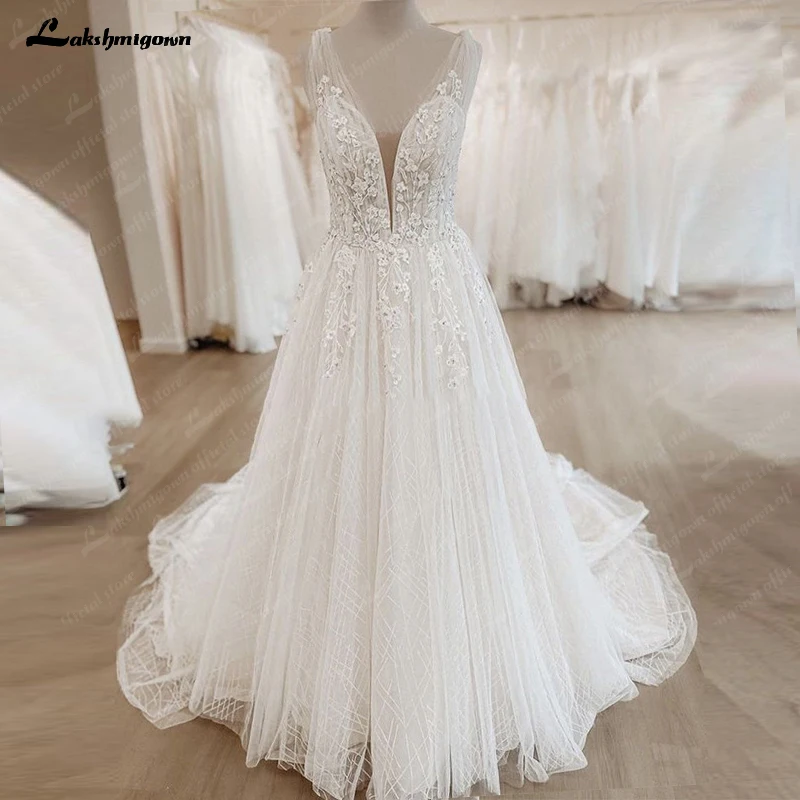 Lakshmigown Floral Applique Bohemian Wedding Dresses Customized A-line Tulle Beach Bridal Dress Plus Size Backless Wedding Gowns