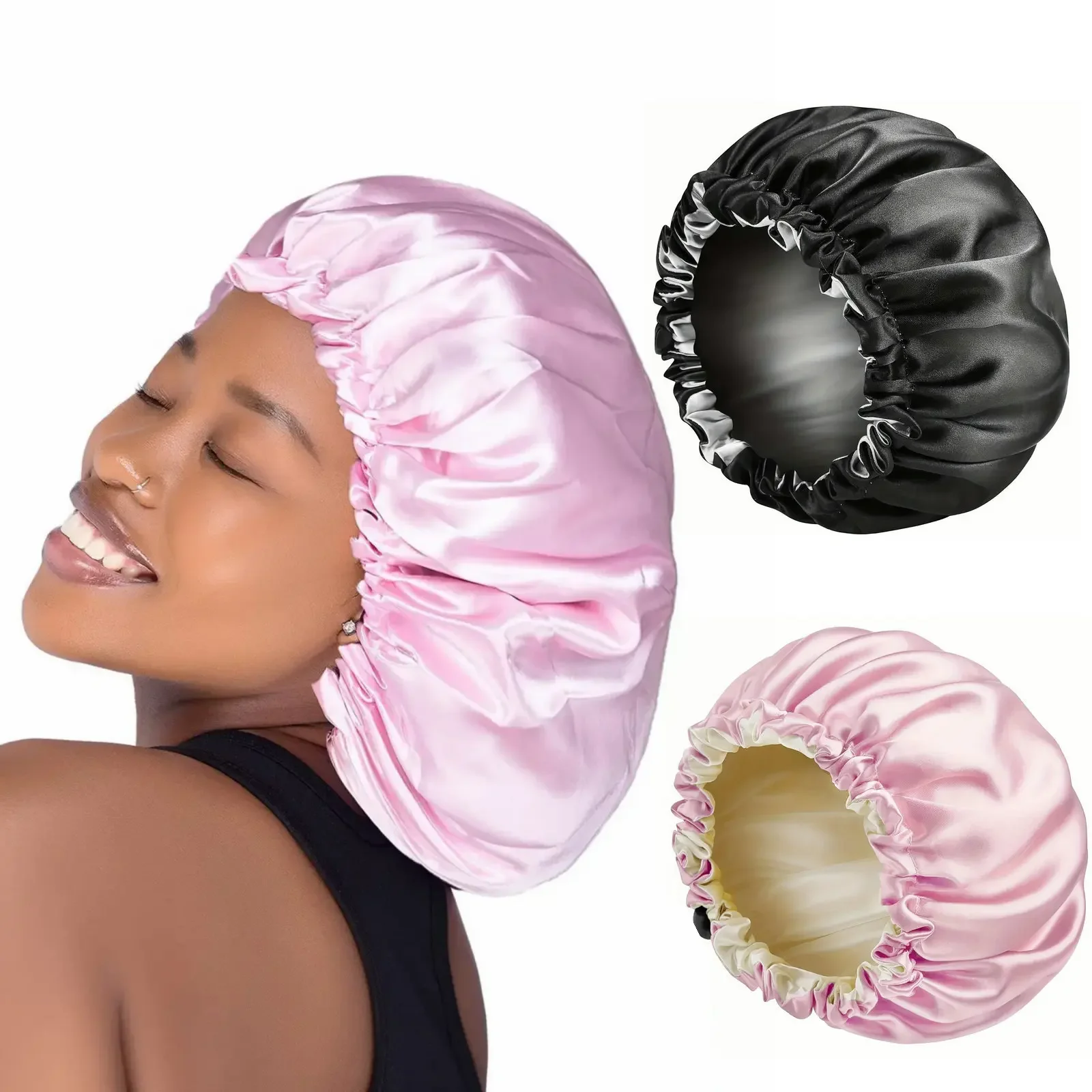 2Pcs Satin Bonnet Silk Bonnet for Women Large Double-Layer Adjustable Bonnet for Sleeping Hair Cap for Braids Curly
