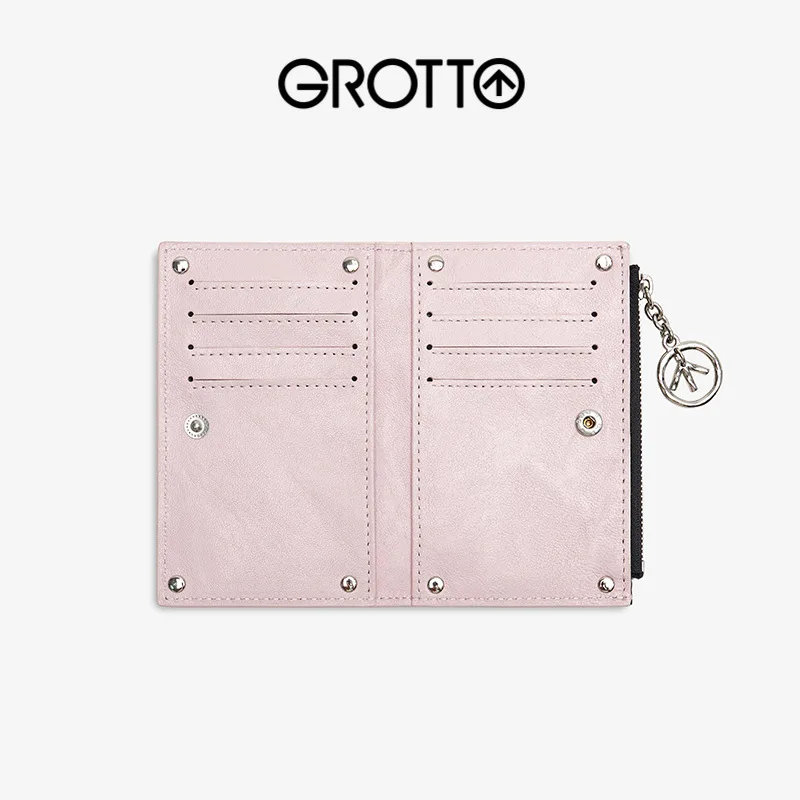 GROTTO New Plant-Tanned Sheepskin Leather Women's Card Holder Wallet Fashionable and Versatile Short and Flexible