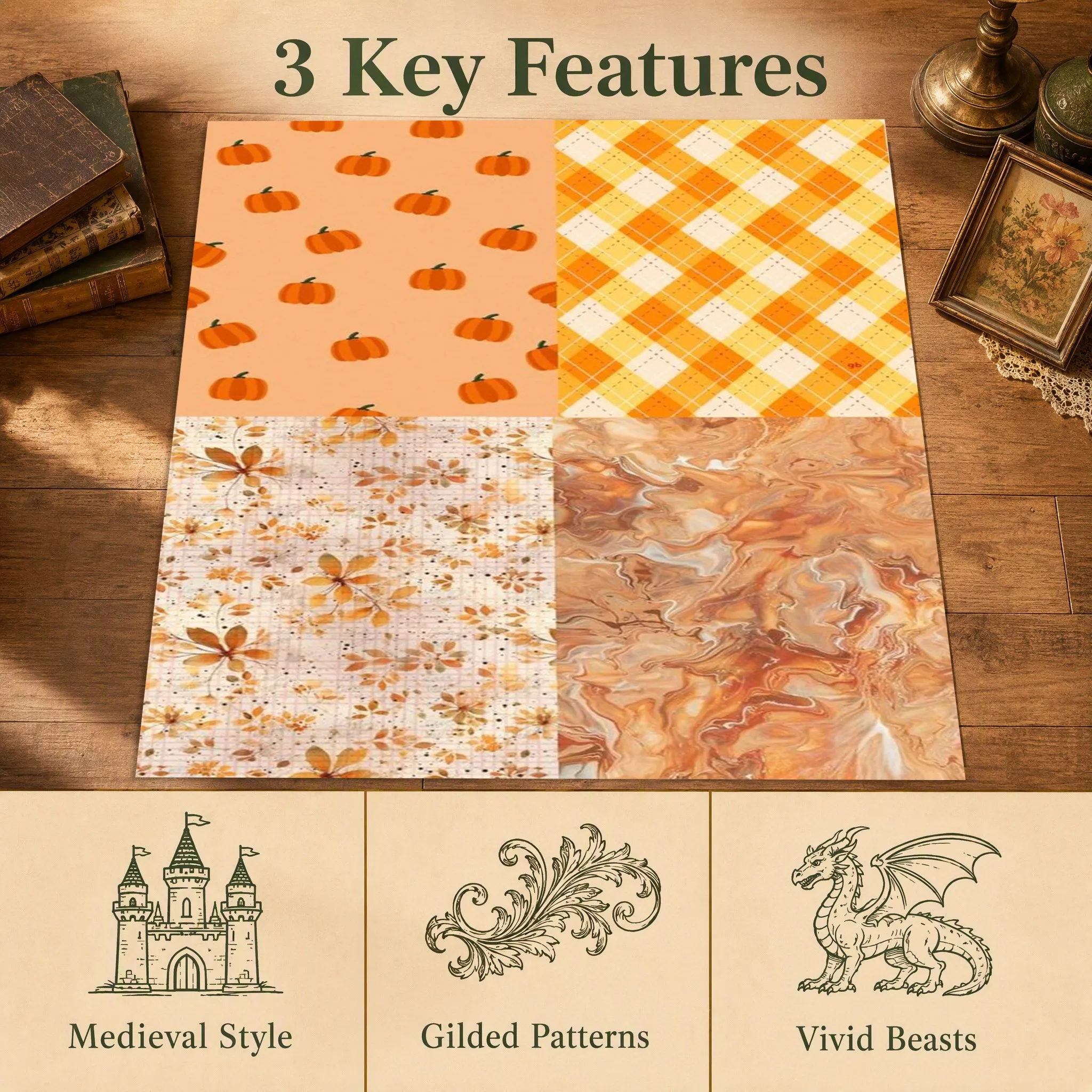 Floral, Pumpkin and Diamond Multi-Pattern Retro Warm Halloween Thanksgiving Velvet Rug for Bedroom, Living Room and Entryway