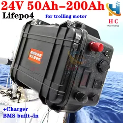 Waterproof Lifepo4 24V 50Ah 60Ah 80Ah 100Ah 120Ah 150Ah 200Ah lithium battery with BMS for trolling motor inverter +10A Charger