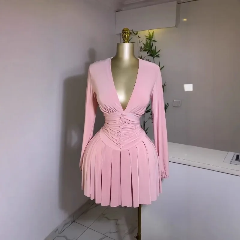 

Pleated V-neck Long-sleeved Dress French Temperament Slim-fitting Waist Short Skirt
