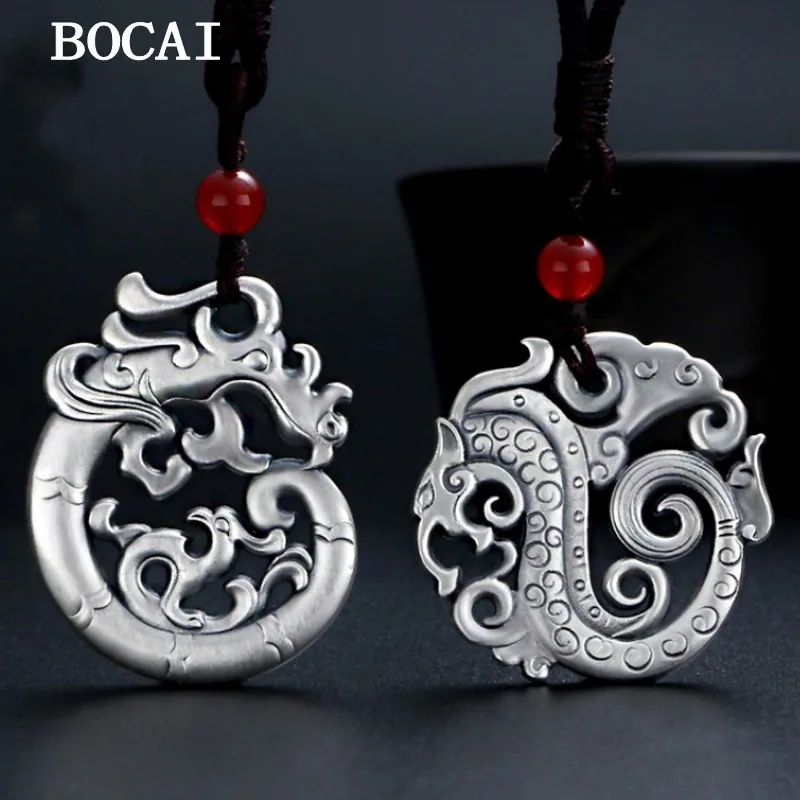 BOCAI NEW S999 Sterling Silver Vintage Hollow out Three-dimensional Dragon Shape Pendant Couple Gift