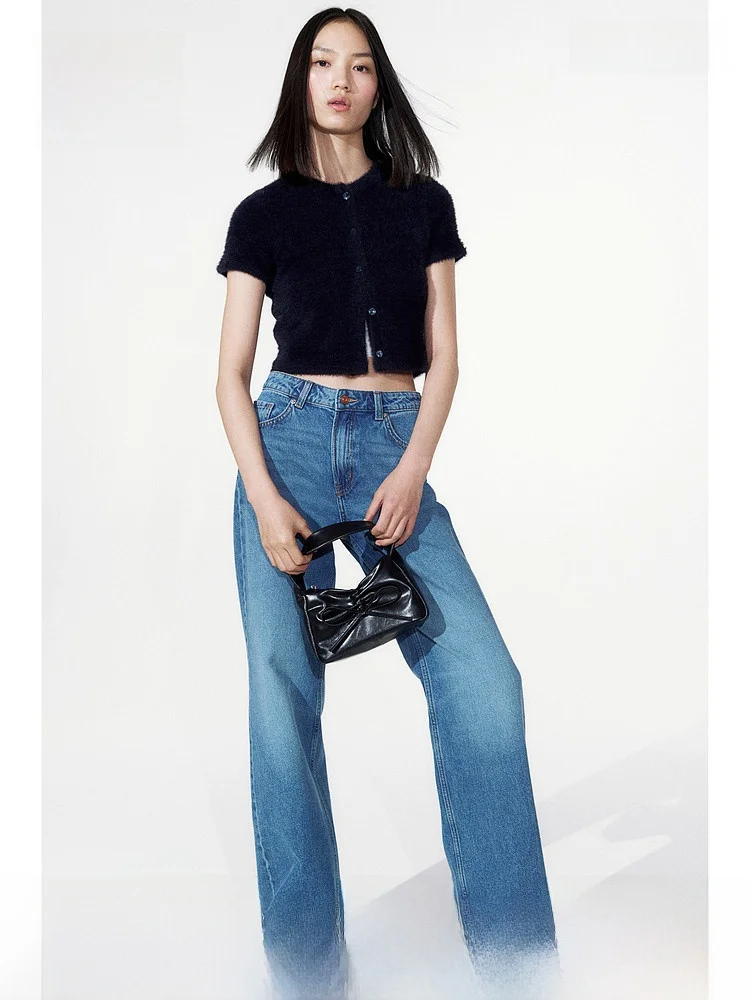 

Модный вязаный кардиган с круглым вырезом и коротким рукавом HM для женщин, весенняя серия Miu, из мягкой смеси нейлона и полиэстера, комфортная посадка