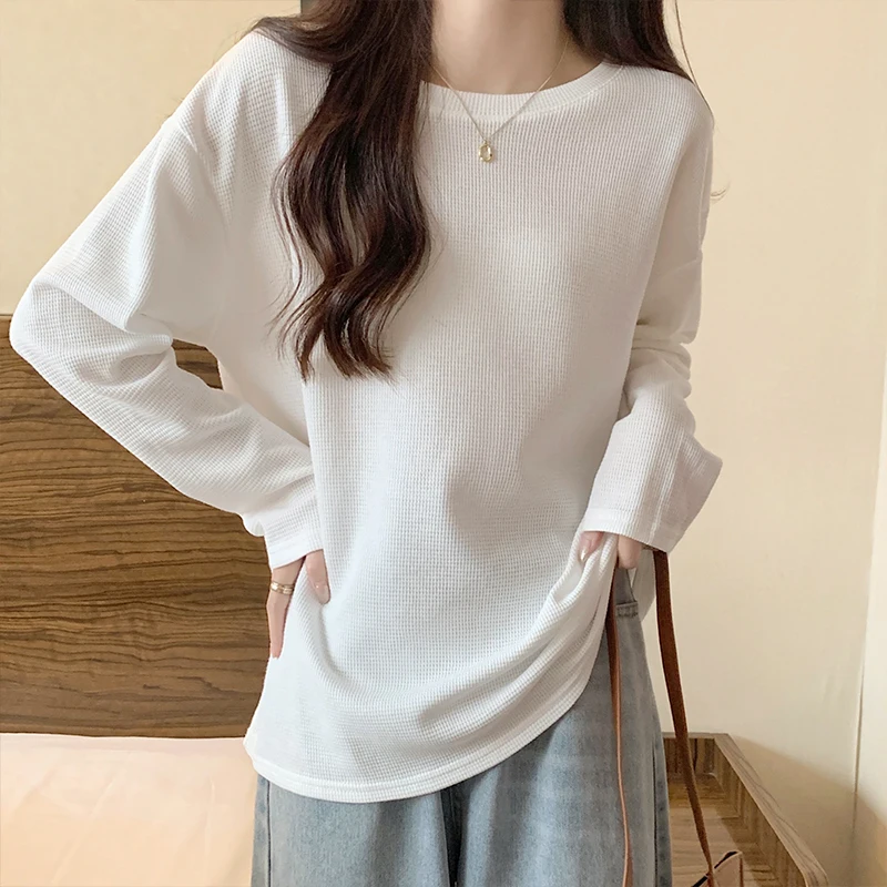 Make firm offers matcha green long-sleeved T-shirt girl in autumn and winter paragraph waffle round collar render unlined upper