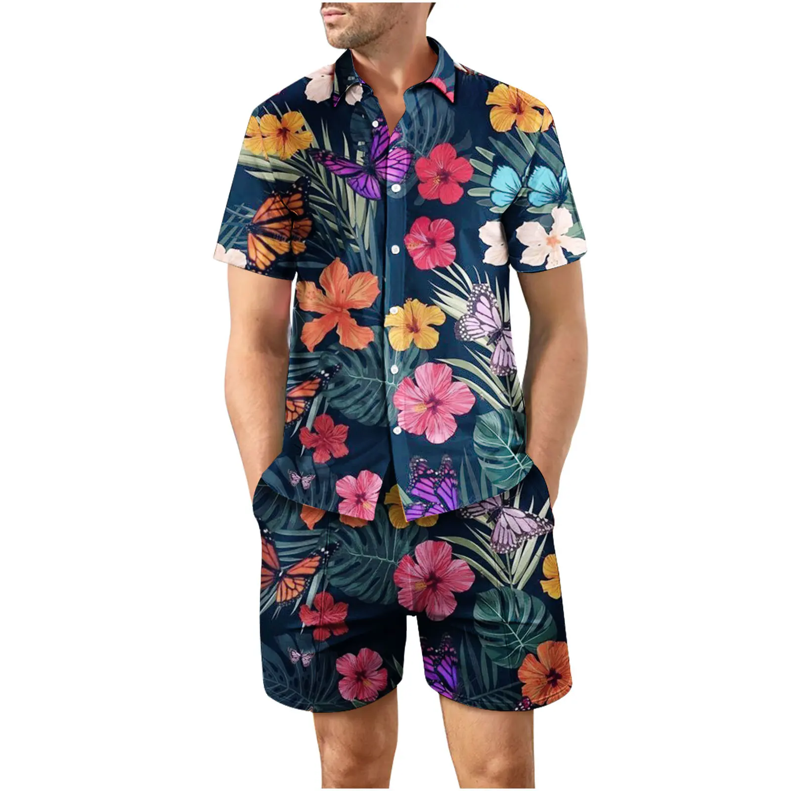 3D coconut tree print summer beach shirt men\'s set Hawaii outdoor dress casual short sleeved shirt+shorts 2-piece set