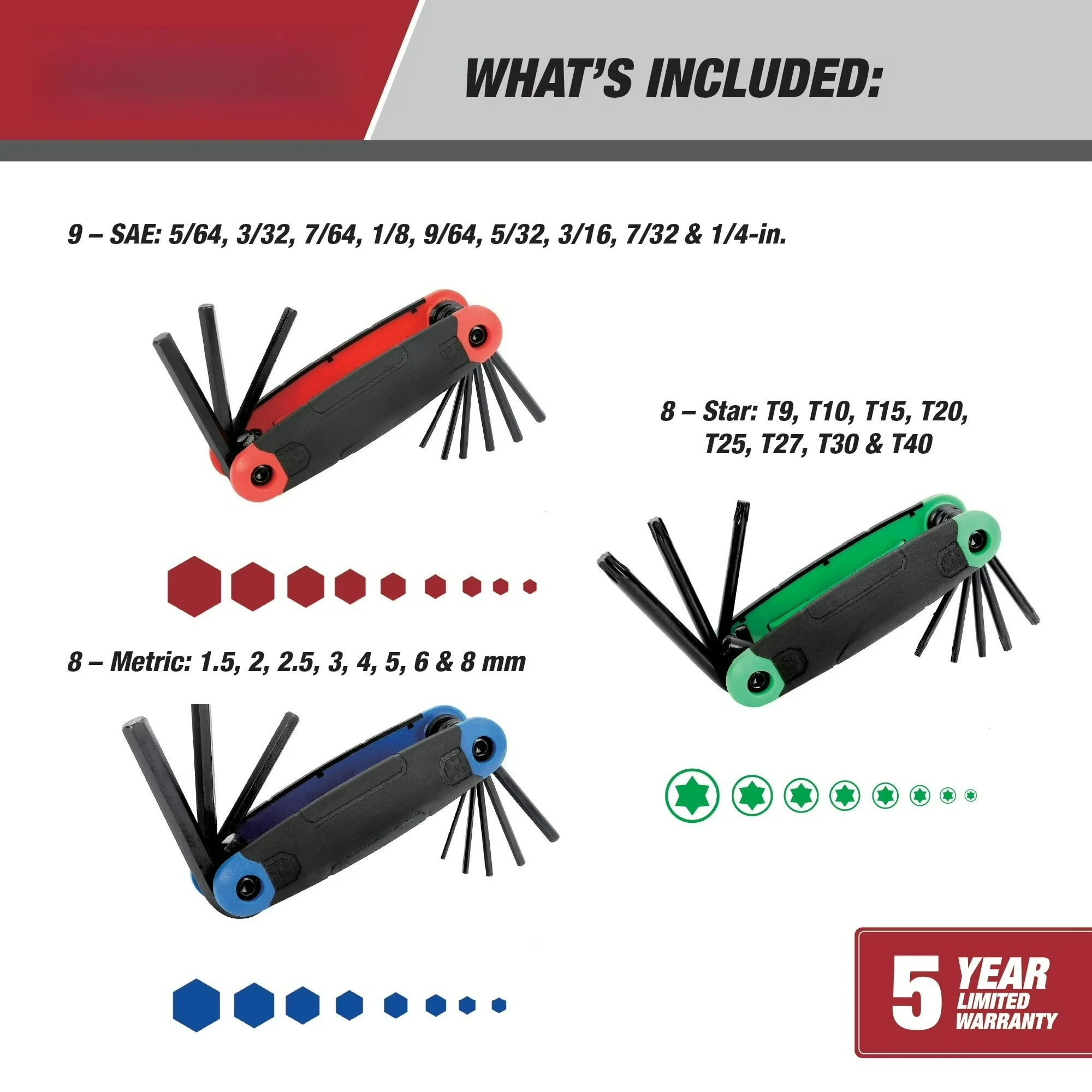 3-Pack Folding Hex Key Set with SAE Metric and Star