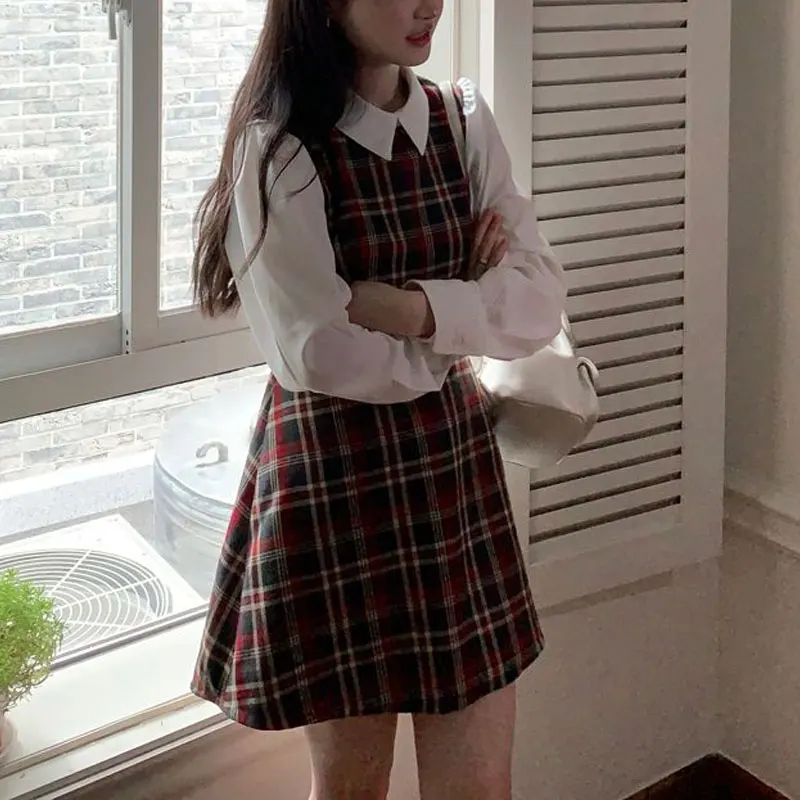 Preppy Style Plaid Waist Dresses Spring Autumn Fake Two Pieces Female Clothing Polo-Neck Patchwork Korean Long Sleeve Midi Dress