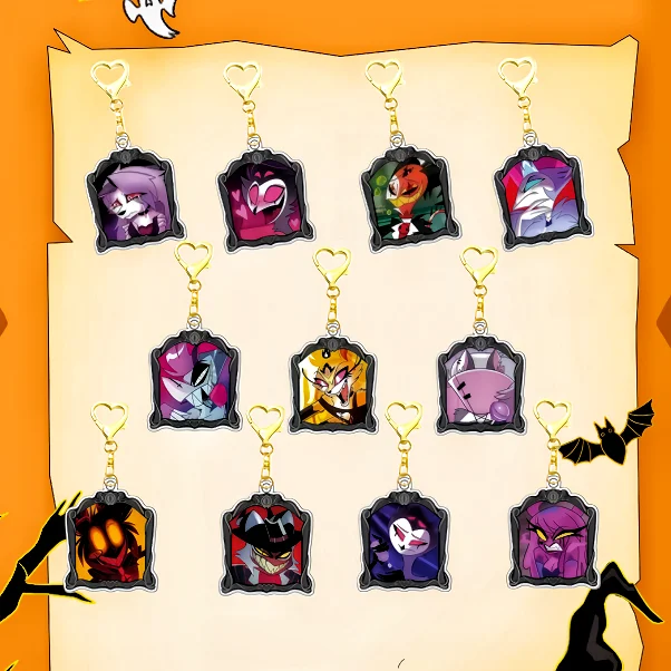 

Прозрачный акриловый брелок 6 см в темном стиле с персонажами Helluva Boss: Луна, Блицо, Мокси, Милли. Коллекционный подарок для ключей и рюкзаков.