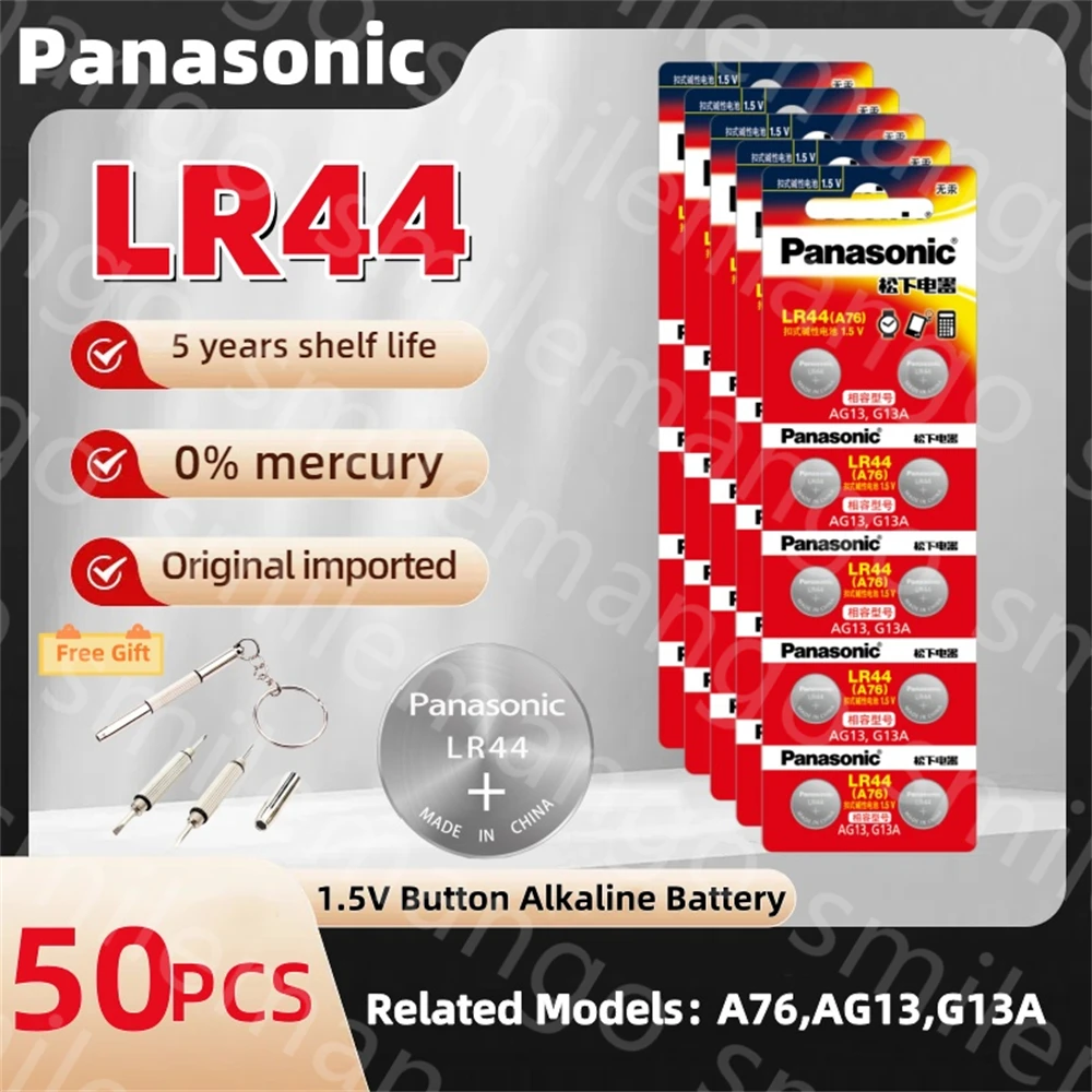 50PCS Panasonic A76 LR44 AG13 357 LR1154 SR44 LR 44 1.5V Alkaline Button Coin Cell Batteries For Watch Calculator Toy Clock