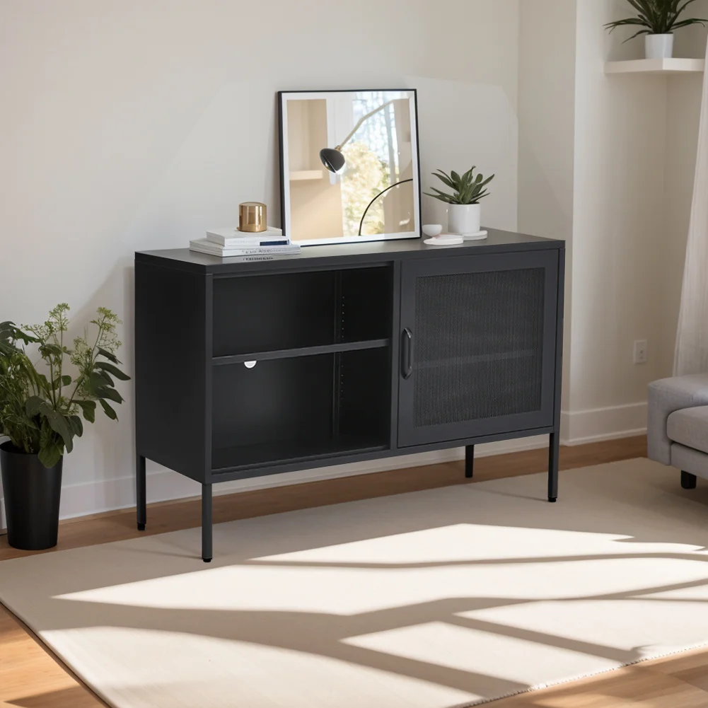 Black Metal Storage Sideboard Cabinet TV Stand with Ventilated Door Adjustable Shelves