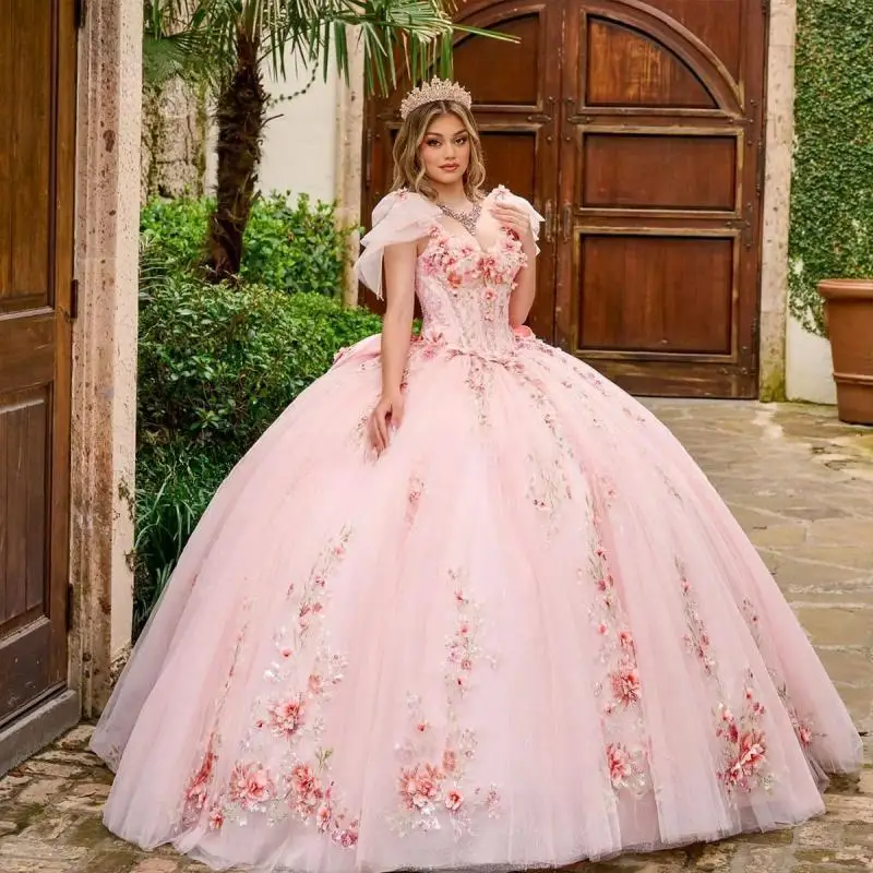 Customized Mexican Pink Quinceanera Dress Princess Ball Gown Bow Beading 3D Flowers Sleeveless Corset Sweet 16 Vestidos