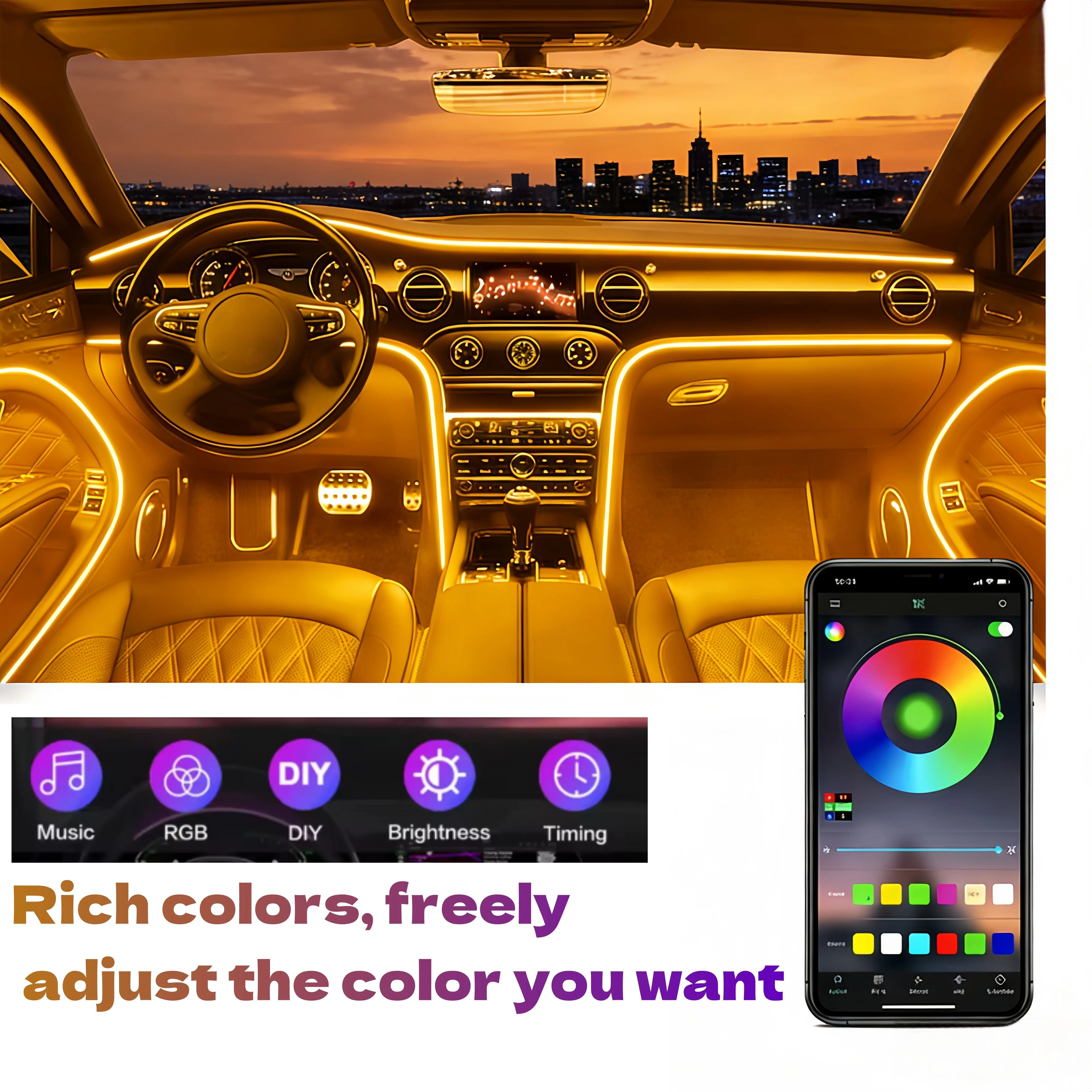 Smart RGB Neon Car Interior Lights Dynamic Atmosphere Custom Decor 12V APP Control Fiber Optic Ambient Lighting