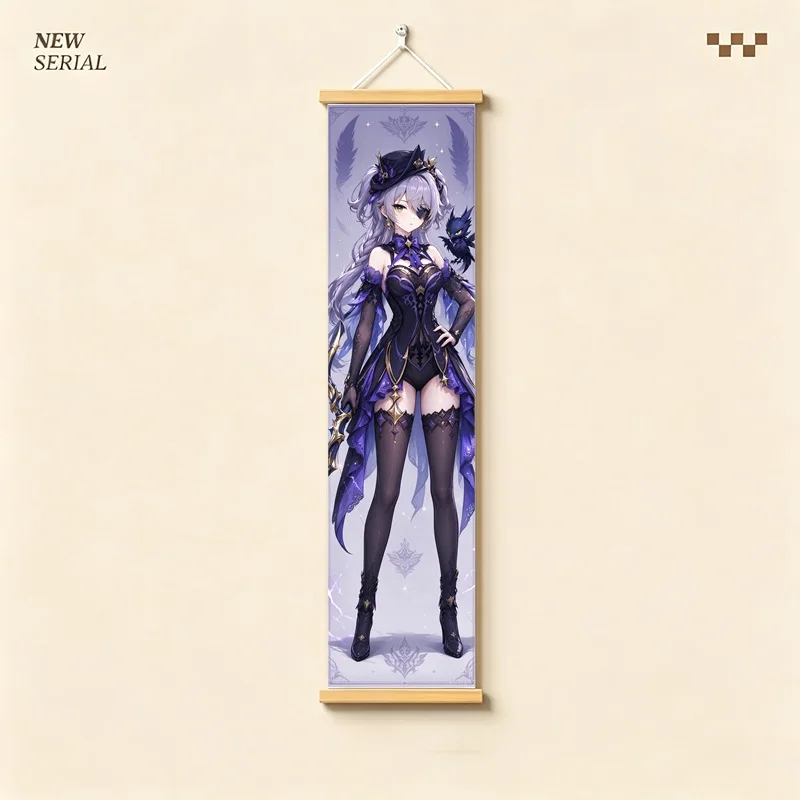 Hanging Scroll Wall Art of Genshin Impact Fischl in Dark Violet Fantasy on Silver Shimmer Canvas for an Anime Bedroom