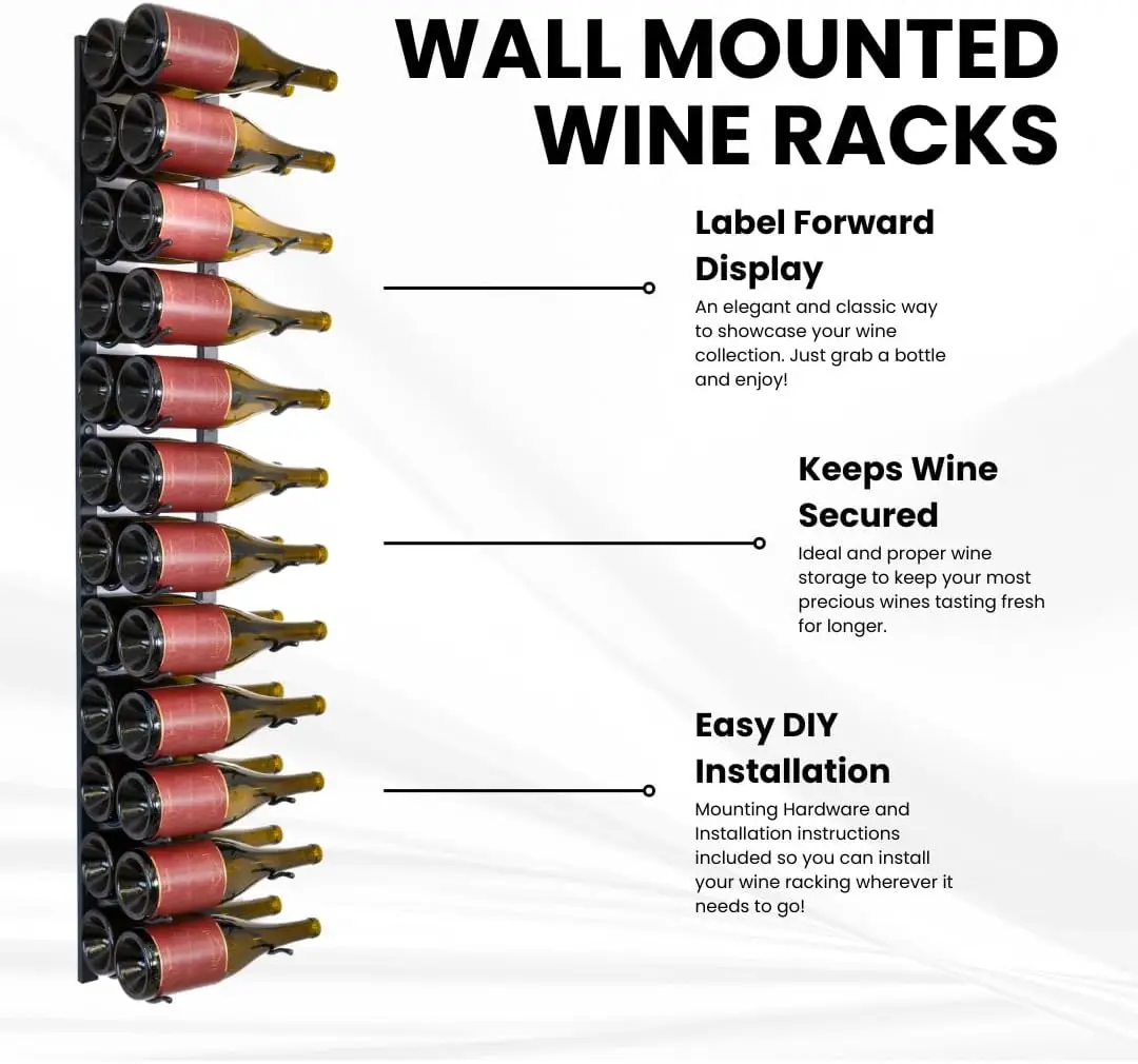 Matte Black Wall Mounted Metal Wine Rack Holds 24 Bottles Modern Space Saving Wine Storage Holder for Home Kitchen Bar Wine Cellar