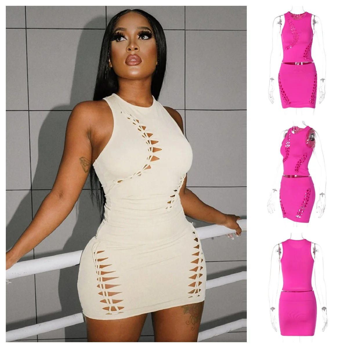

Y2K Retro Fashion 2 Pcs Sets Solid Cut Out Sexy Crop Tank Top Skirt Summer Women Clothes Party Vacation Ultra-short Dresses