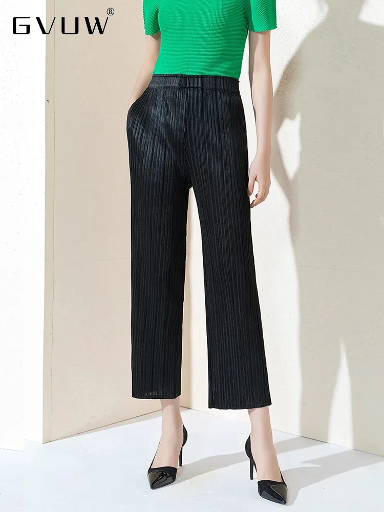 

GVUW Pleated Wide Leg Pants Women Elastic Waist Spliced Pockets Loose Elastic Waist Solid Color New 2024 Female Trousers 17G7496