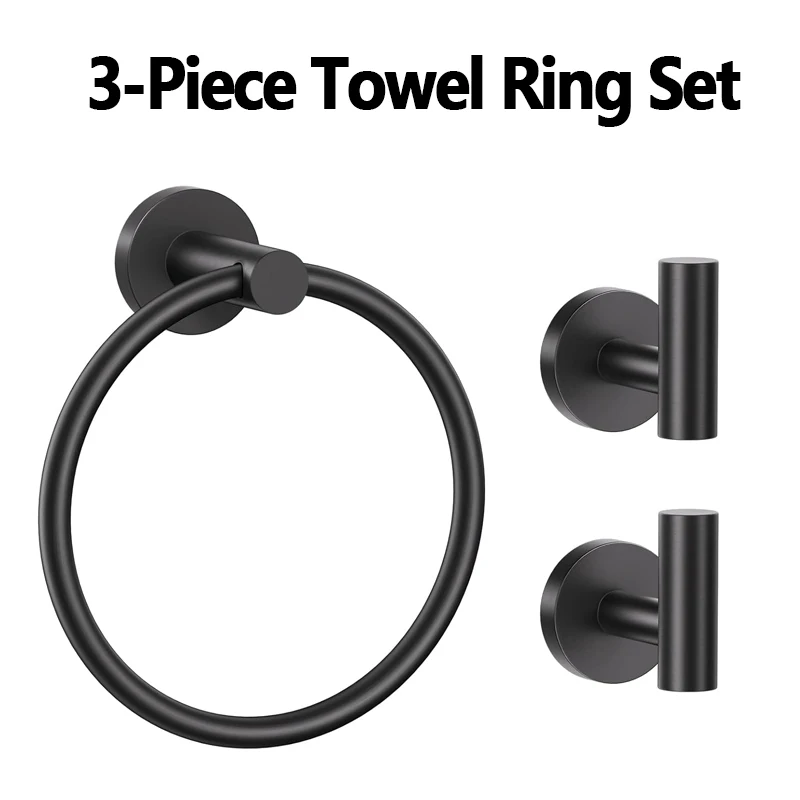 

3-Piece Bathroom Towel Ring Set with 2 Towel Hooks Wall-Mounted Black Bath Hardware Accessories