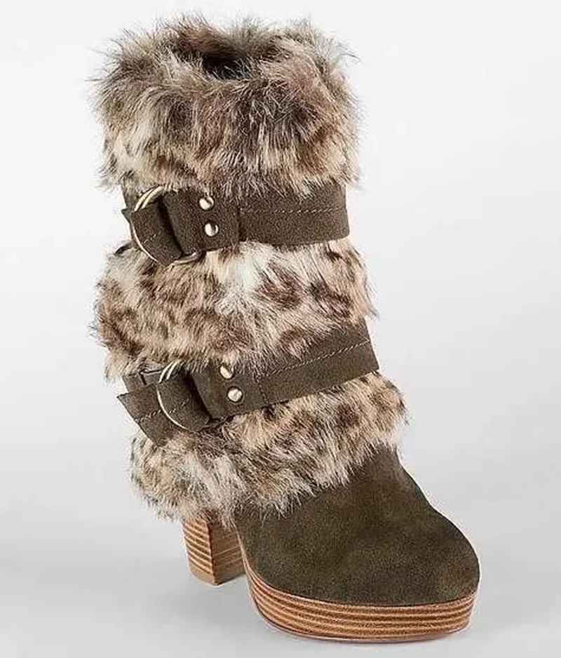 Retro Green Suede Faux Fur Ankle Boots Bold Double Buckle Straps Chunky Wooden Heel Footwear for Winter Fashion Style
