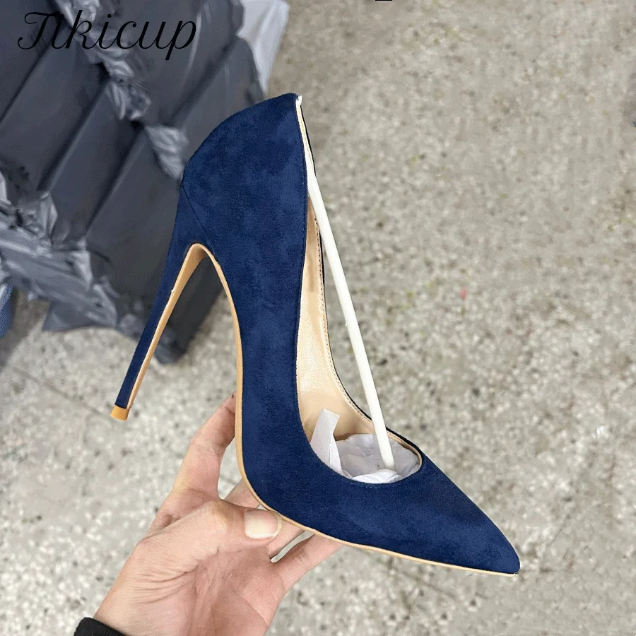 Customize 12cm 10cm 8cm Fashion Navy Blue Suede Women Sexy Pointed Toe High Heels OL Ladies Shallow Stiletto Pumps Working Shoes