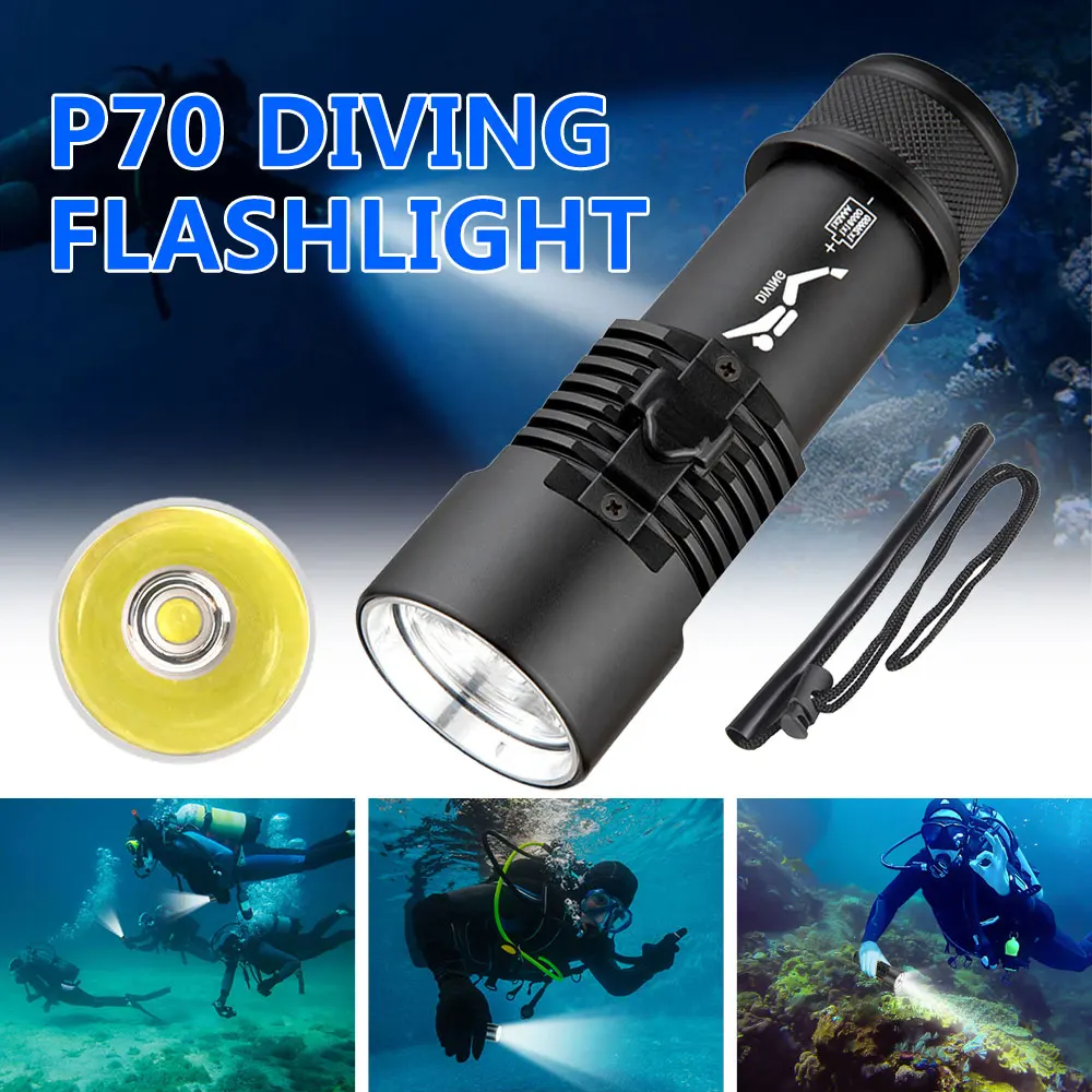 

Waterproof Diving Flashlight Underwater 80M Scuba Diving Hand Lamp 4 Modes Torch with Hand Rope Power by18650/26650/AAA Battery