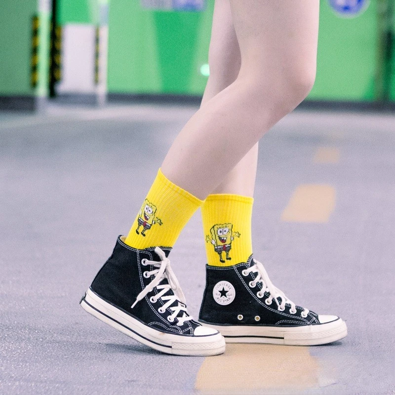 SpongeBob Socks Cotton Fashion Cartoon Mid-calf Socks Anime Cute Women Girls Breathable Skateboarding Casual Sports Socks Gifts