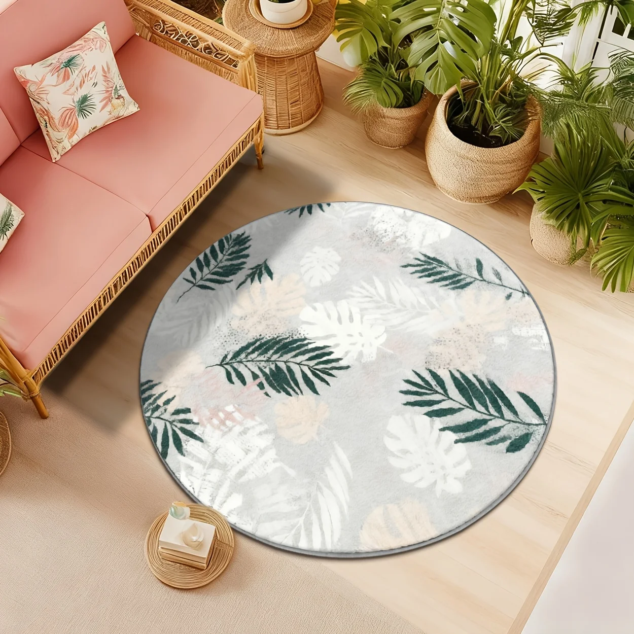 Botanical abstract circle floor carpet grey beige foliage 2D print entrance pad for restaurant supermarket area