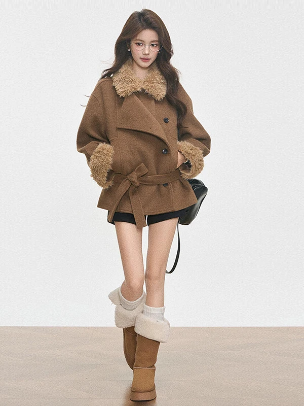 Thickened Cashmere Woolen Coat Women's Short Style Winter Korean Fashion Small Size Brown Woolen Coat Stand Collar Jacket