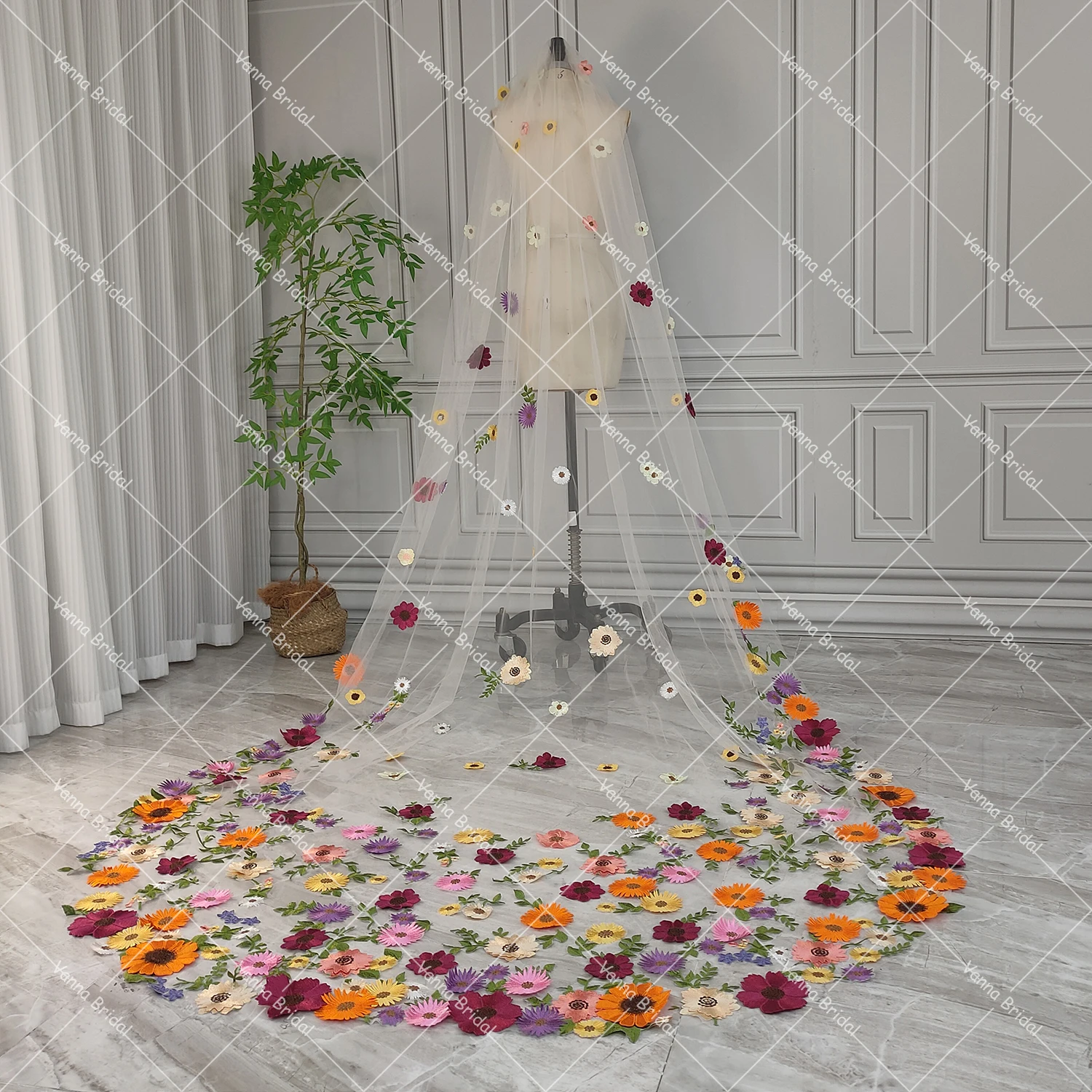 Véu de casamento floral colorido bordado 3d, comprimento catedral personalizado, 2.5 metros, jardim de fadas, arrastar, noiva para ser