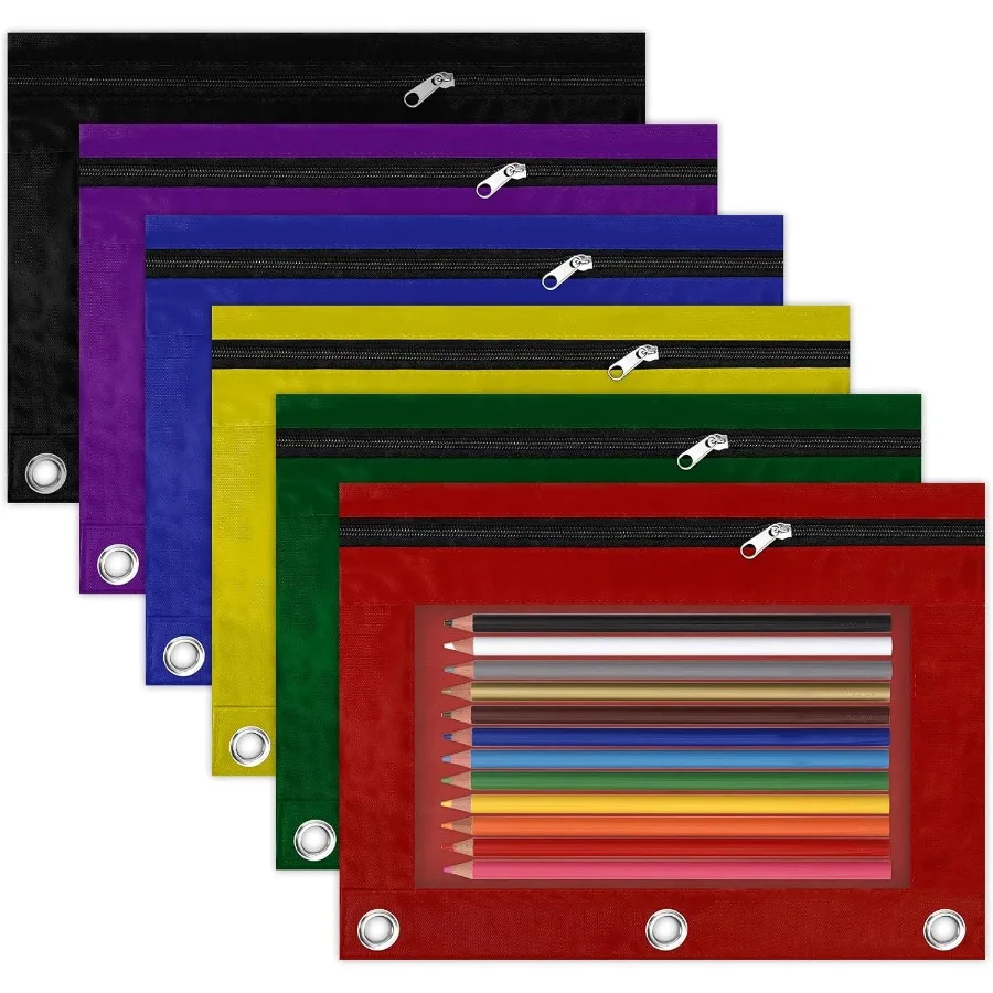 

Чехол для переплета с 3 кольцами, 6 упаковок, разноцветные сумки на молнии, прозрачный чехол для переплета с окном, чехол для ручки с 3 отверстиями, оптом Pei