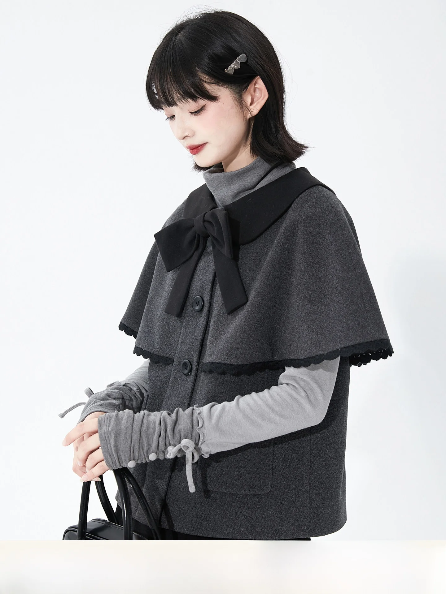 

Original Vintage Deep ey College Sle Knot oulder Wrap ort Woolen Coat for Women by Cong Tailor