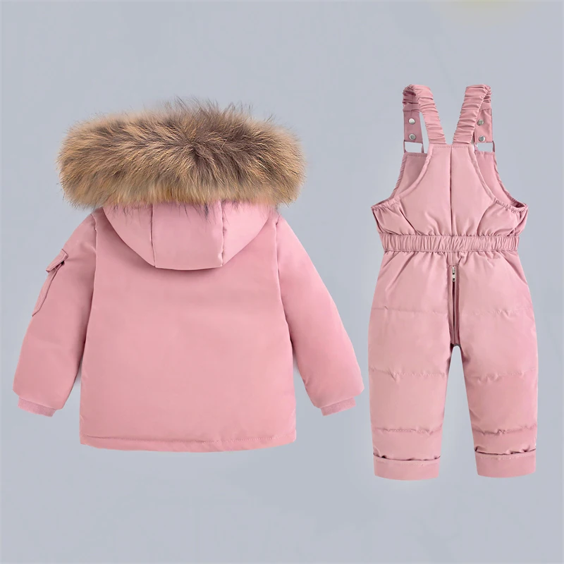 2Pcs Set Children Winter Down Jacket and Jumpsuit Thicken Boy Girls Ski Suit Real Fur Collar Warm Kids Snowsuit Winter Warm Pant