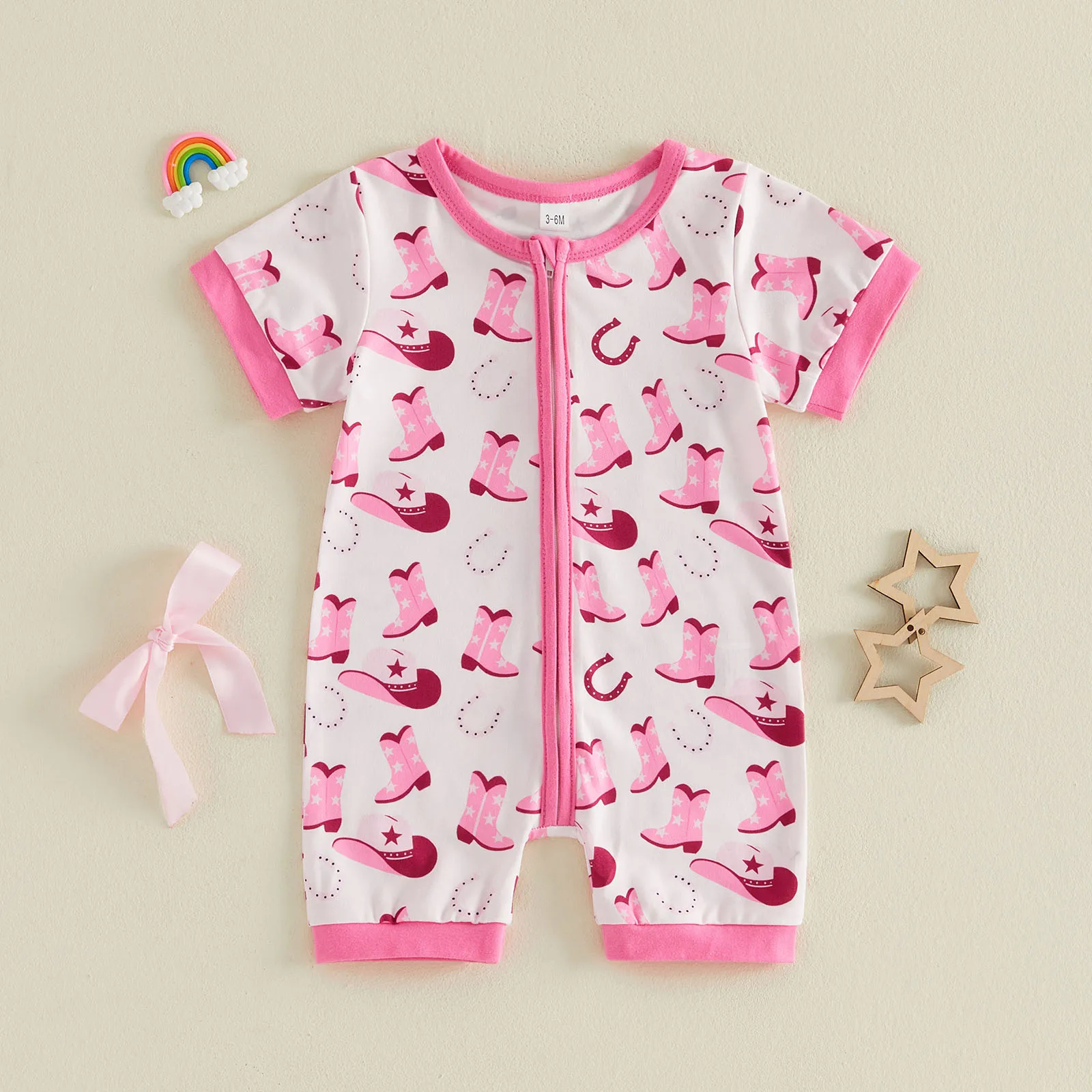 Baby Girl Romper Western Short Sleeve Round Neck Cowgirl Boots Print Jumpsuit Infant Pajamas