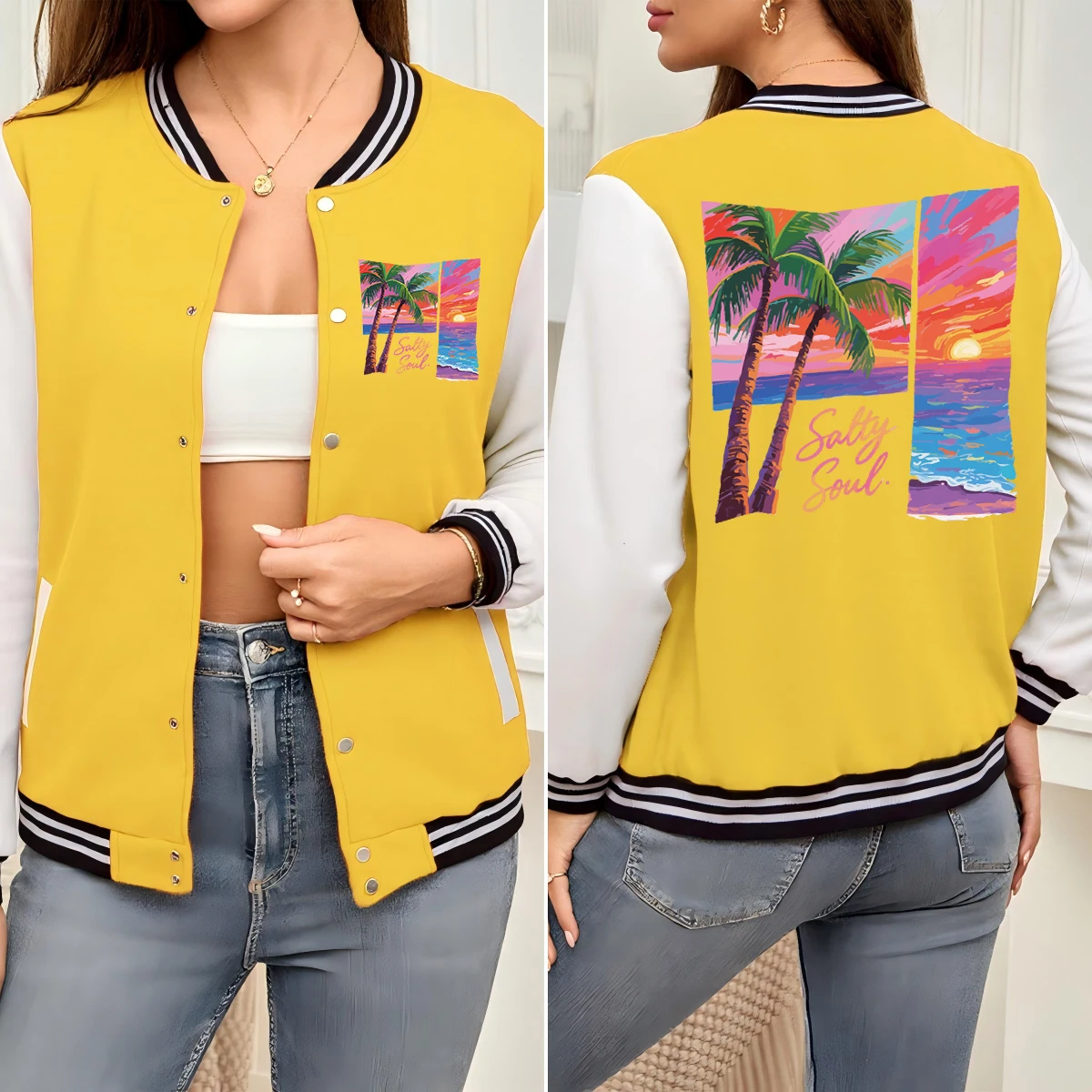 

Salty Soul Beach Coconut Tree Sunset Print Women Jackets Button Baseball Uniform Cotton Loose Clothes Autumn Colorful Sportswear