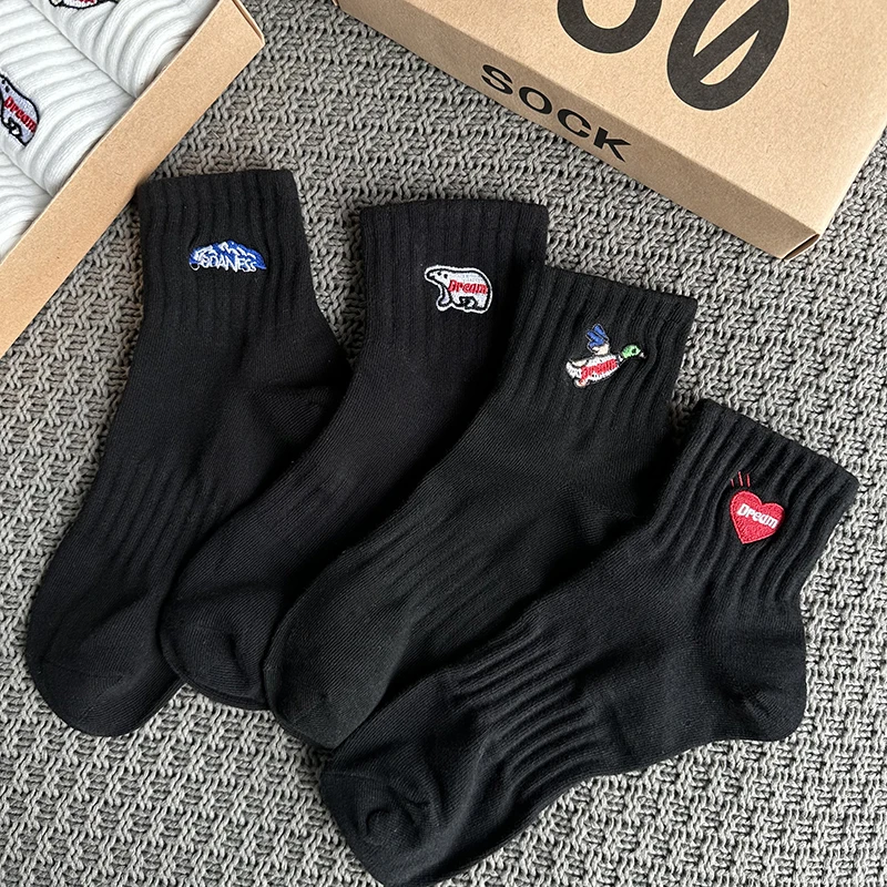4 Paar Herrensocken Frühling Sommer Kurze Socken, Baumwolle atmungsaktiv, schwarz Trend Ins bestickt Anti-Geruch weiße Sportsocken – Detail 3