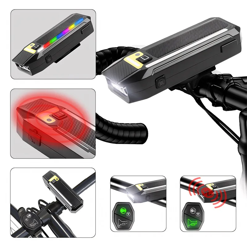 New night smart light-sensitive LED bicycle light remote control with speaker USB charging night riding light