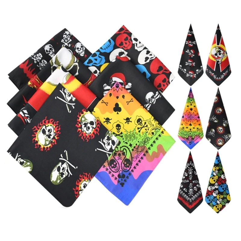 54x54cm Unisex Skull Theme Colorful Cotton Fabric Square Bandanas Graphic Print Gothic Scarf Sport Hip-Hop Wristband Hair Wrap