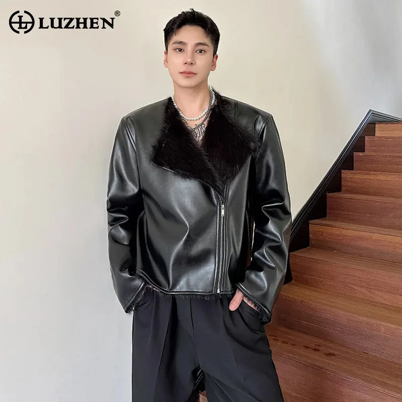 

LUZHEN Leather Fur End Patchwork High Short Luxury Jacket Trendy Men's Clothing Original Temperament Ruffian Handsome JY4649