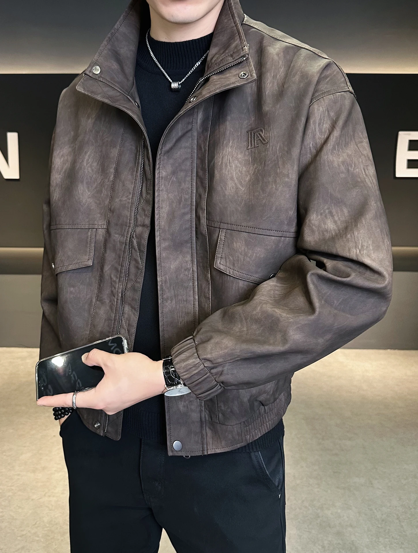 

Faionable Slim Fit воротник-стойка мужская кожаная куртка осенняя новинка Sle универсальное байкерское пальто Sli повседневное длинное пальто све на молнии