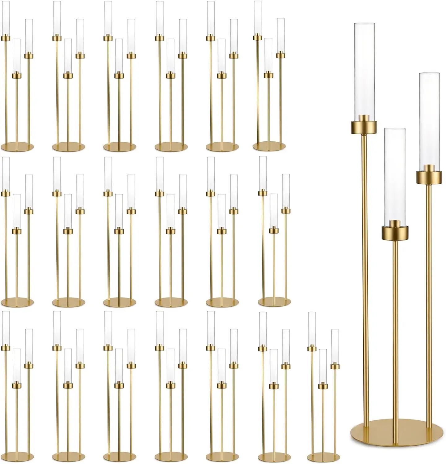 Gold Candelabra with Acrylic Lampshade,20PCS 3 Arm Taper Candle Holder,Metal Candlestick for Christmas, Wedding Decor