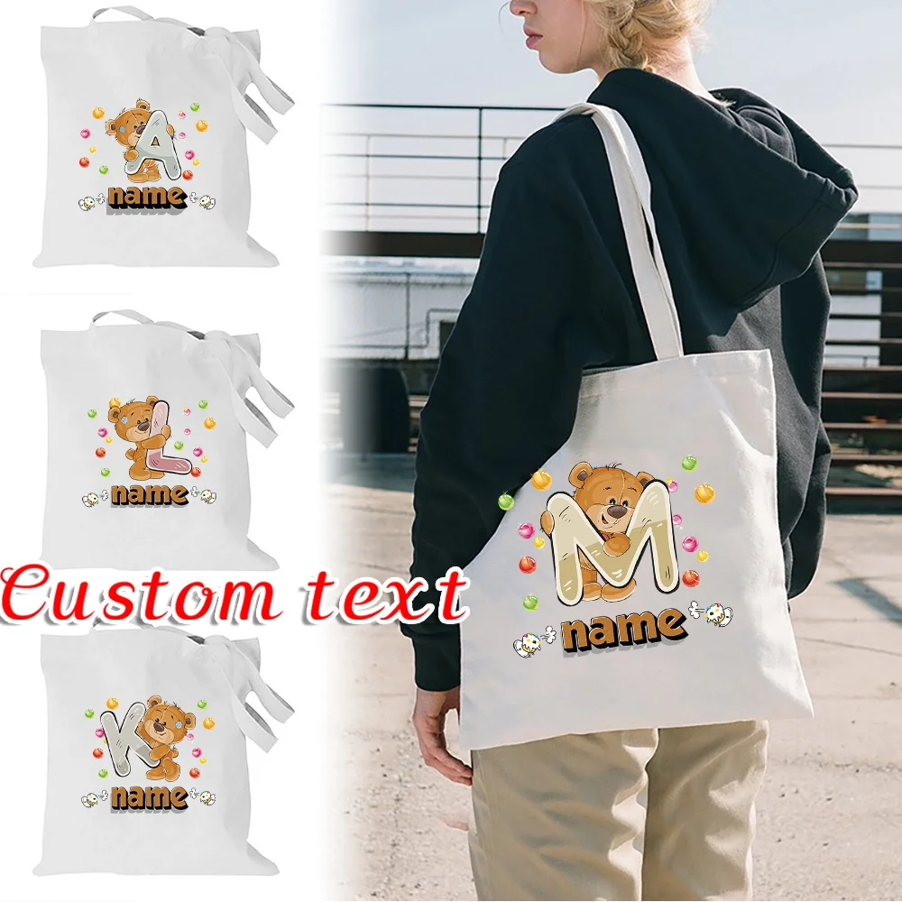 Customizable Name White Shopping Bag Eco Friendly Canvas Handbag Leisure Shopping Bag Cartoon Series Customized Products