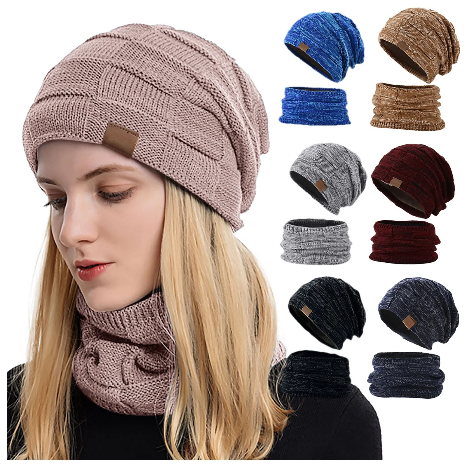 

Winter Hat Scarf Set For Women Plush Thicken Knitted Beanies Outdoor Cycling Ski Warm Windproof Bonnet Ear Protection For Women